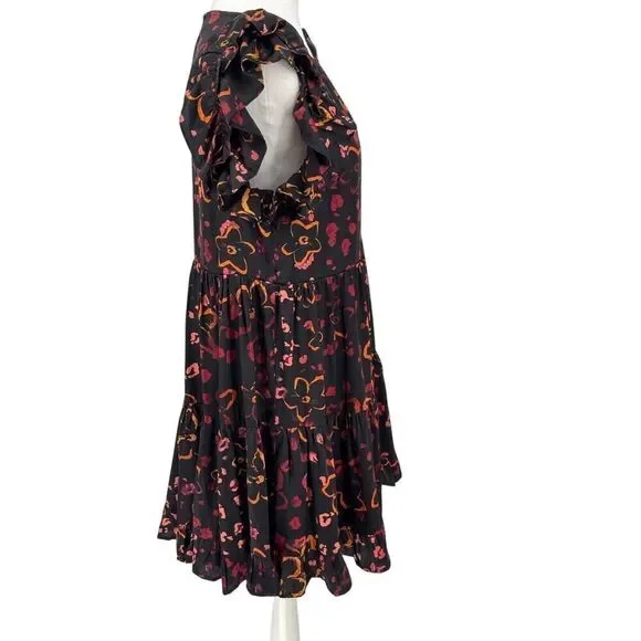 Entro Women's Ruffle Sleeve Floral Dress Black M Tiered Boho Mini Lined - Picture 6 of 13